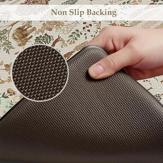 KIMODE Anti Fatigue Kitchen Mats 17"x47"+17"x29", Vibrant Floral Kitchen Rugs Sets of 2, Cushioned Non Skid Kitchen Mats for Floor, Comfort Kitchen Floor Mats for Sink Laundry Desk Beige