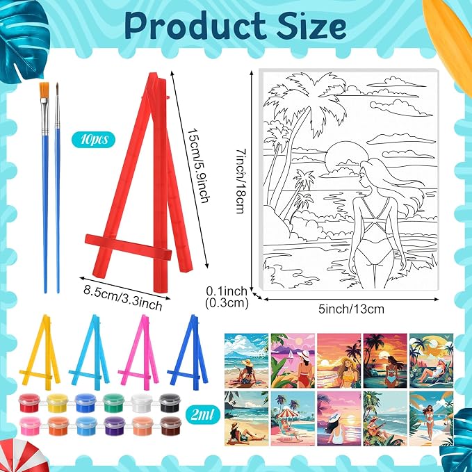 Blosssound 10 Set Pre Printed Canvas Pre Drawn Canvas Painting with Easel Kits 5" x 7" Outline Painting Panels for Beginners, DIY Craft Project, Party Favor, Home Decors(Hawaii Women)