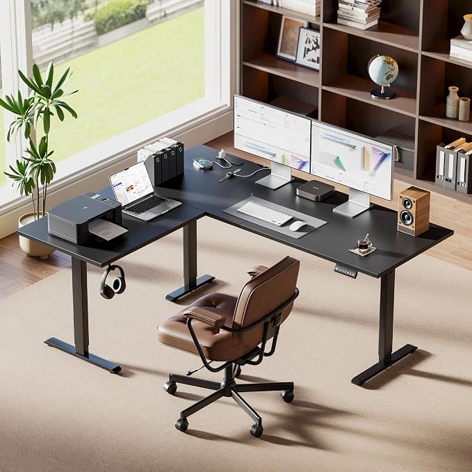Agilestic Electric L Shaped Standing Desk 75 x 61 Inch with Power Outlet, Height Adjustable Corner Stand up Desk with Cable Management,Sit Stand Home Office Workstation with Splice Board, Black