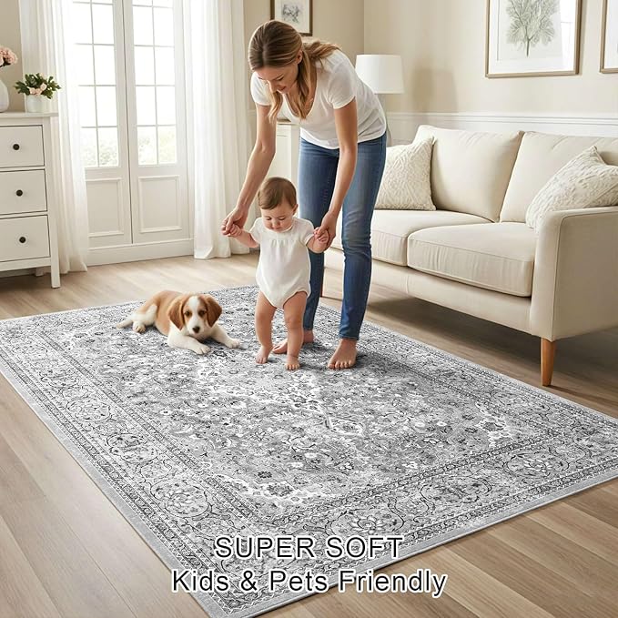 4x6 Grey Washable Boho Area Rug for Bedroom, Vintage Floral Non Slip Living Room Rugs, Soft Low Pile Indoor Mat, Aesthetic Pattern Carpet for Kitchen, Dining Room and Bedside