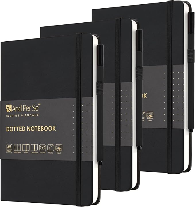 &And Per Se 3 Pack A5 Dotted Notebook Set - Each with 176 Numbered Pages, 100GSM Thick Paper, Stencil & Pen Included | Hardcover Dotted Journal for Bulk Use, Students, Teachers, Gift Giving (Black)