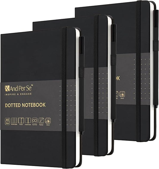 &And Per Se 3 Pack A5 Dotted Notebook Set - Each with 176 Numbered Pages, 100GSM Thick Paper, Stencil & Pen Included | Hardcover Dotted Journal for Bulk Use, Students, Teachers, Gift Giving (Black)