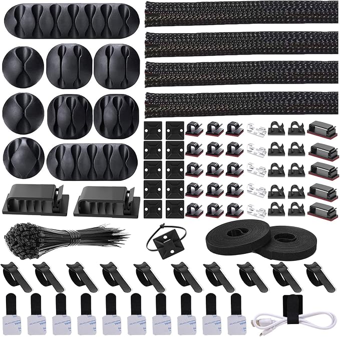 Cord Management Organizer Kit 4 Cable Sleeve split 192PCS Cable Management | 41Self Adhesive Cable Clips Holder, 10pcs and 2 Roll Self Adhesive tie ,100 Fastening Cable Ties, for TV Office Car Desk Home