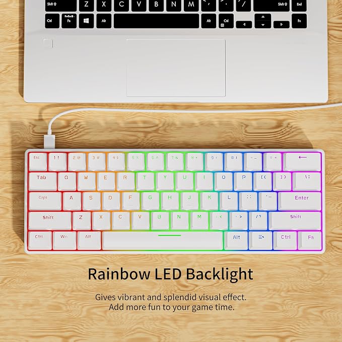 Newmen GM611 Mechanical Keyboard,Rainbow LED Backlit Gaming Wired Keyboards Compact Mini 61 Keys Portable 60 Percent Mechanical Keyboard with White Keycaps,for Windows Laptop PC Linear Red Switches