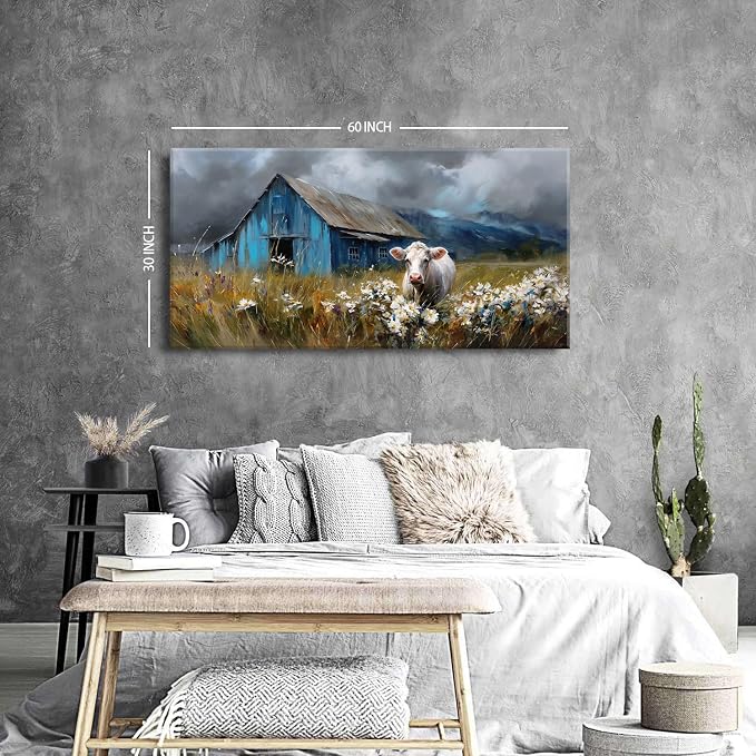 AIYISU Rustic Farmhouse Wall Art Cow and Blue Barn Canvas Pictures Country Landscape Wall Decor Wildflower Field Painting Farm Animal Artwork for Living Room Dining Room Bedroom Home Decoration 30x60