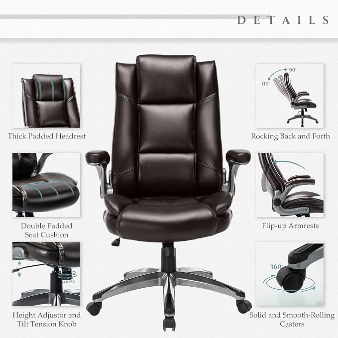 MALOL Leather Executive Office Chair - High Back Home Computer Desk Chair with Padded Flip-up Arms, Adjustable Tilt Lock, Swivel Rolling Ergonomic Chair for Adult Working Study, Brown