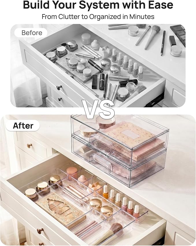 Vtopmart 12-Pack Clear Makeup Organizer Set with Drawer Organizer Bins | 2 Pack Stackable Storage Drawers & 10 Pack Drawer Organizer for Vanity Cosmetic, Bathroom Countertop, Desk