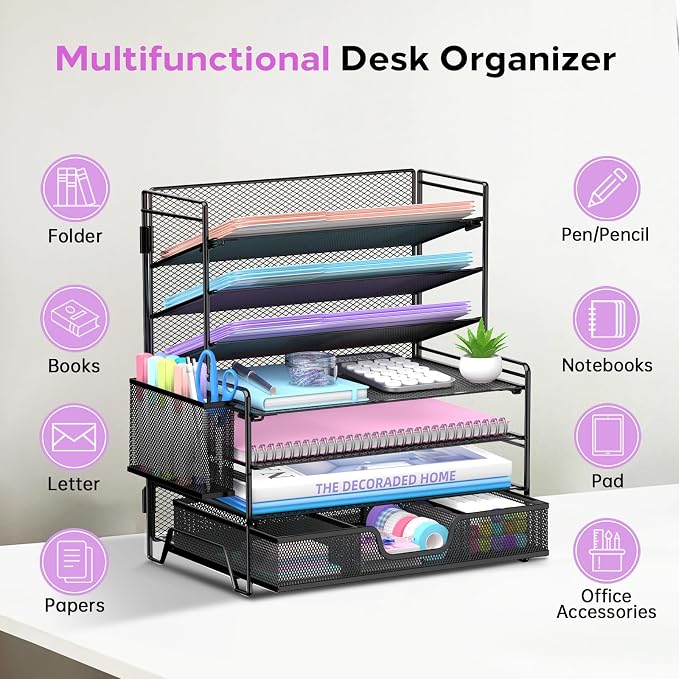 7-Tier Desk Organizer with Drawer and Pen Holder, Metal Letter Tray, Black | Metal Mesh File Organizer with Drawer for Paper, Notes and Office Supplies at Home, School or In the Classroom