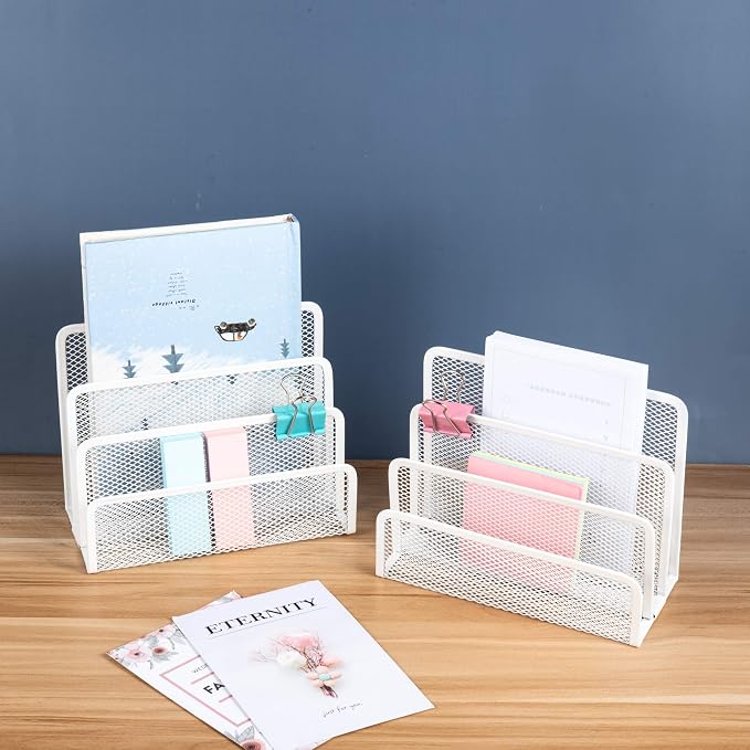 VANRA Small Letter Sorter Pack of 2 Desktop File Organizer Metal Mesh Paper Stacking Sorter Holder 3 Slots (2 White)