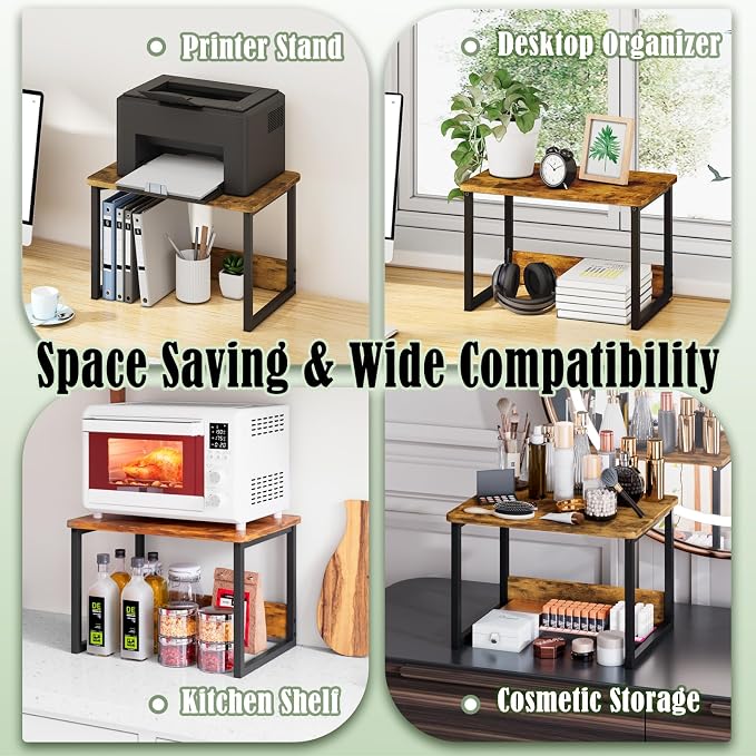 MARTY Printer Stand for Desk, Desktop Shelf Printer Riser for Home Office | Desktop Printer Stand, 17.1"x12.4", Printer Shelf, Small Printer Table for Fax Machine Copier Scanner, Desk Organizer, Brown