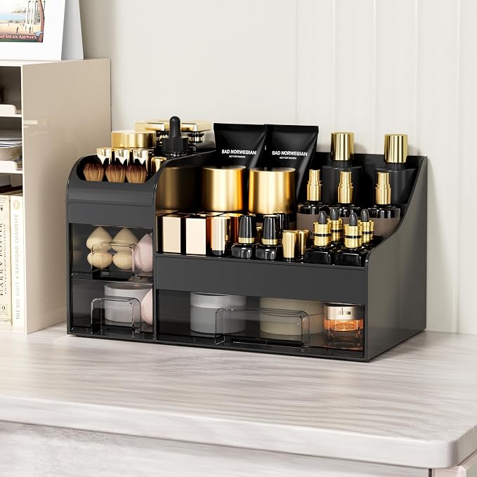 Extra Large Makeup Organizer for Vanity,Countertop Organizer with Drawers and Brush Holder,Men’s Cologne Organizer for Bathroom,Cosmetic Skin Storage for Lipsticks,Nail Polish & Shaving Lotion,Black
