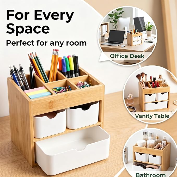 Small Bamboo Makeup Organizer with 3 Drawers | Wood Makeup Organizer, Dresser Cosmetic Box Organizer, For Home, Adjustable Dividers