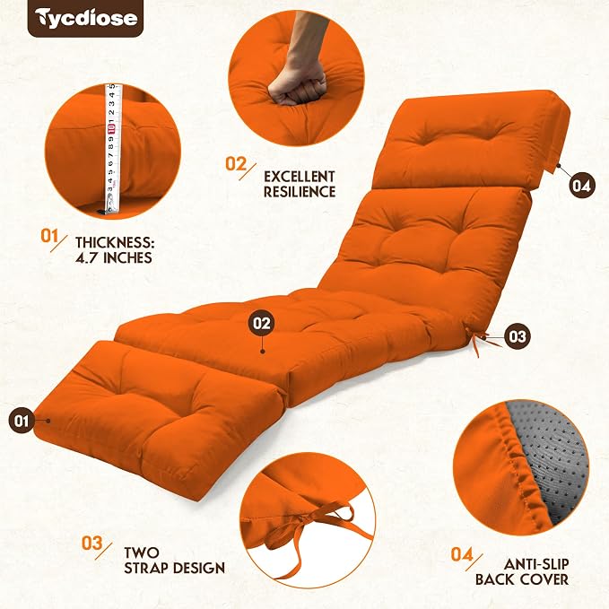 Waterproof Outdoor Chaise Lounge Cushion 74.4 x 22 x 4.7 Inches Memory Foam Lounge Chair Cushions for Outdoor Furniture with Ties, Thickened Pool Chaise Lounge Chair Cushions, Orange