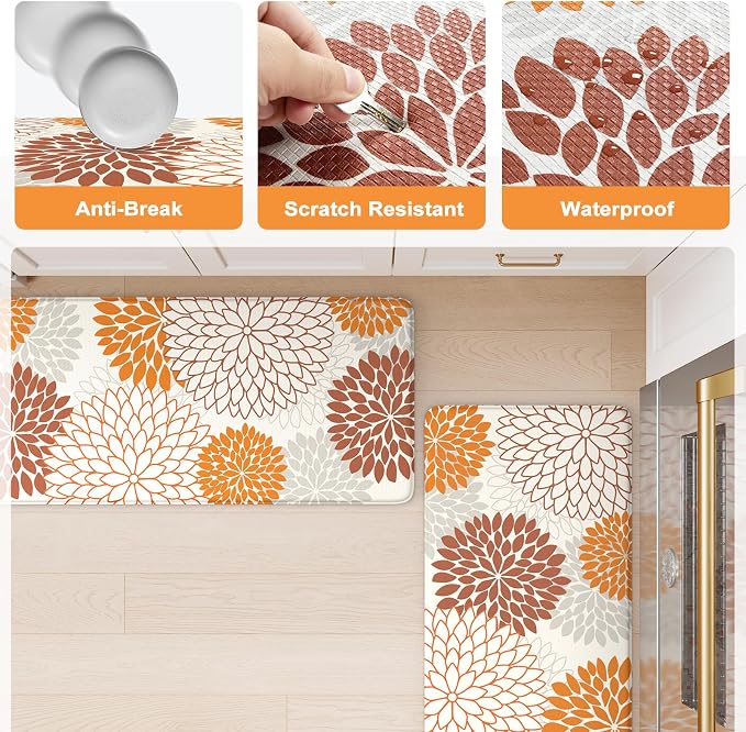 KIMODE Kitchen Mats for Floor Cushioned Anti Fatigue 2PCS Fall Kitchen Rugs | Dahlia Floral, 17"x47"+17"x29",Farmhouse Boho Floor Mats ,Non Slip,Waterproof,Comfort Desk Mat for Sink Office Laundry home