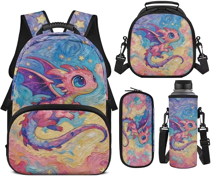 Pink Dragon Cute Backpacks for School Girl with Lunch Box, Starry Night Graphic 17 Inch Bookbag with Lunch Bag 4PCS Set, Elementary School Bag for Kids Age 6-8 Back to School