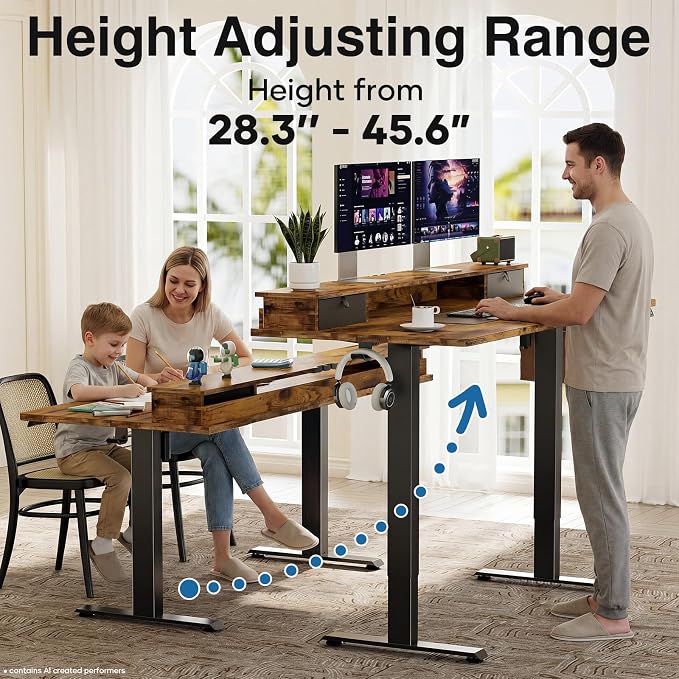 Veken 55x26 in Electric Standing Desk with Drawers, Adjustable Table, Brown | Stand up Computer Desk for Home Office, Work & Study, with Storage, 3 Memory Presets, Cable Organizer, Hook, and Quiet Lift.
