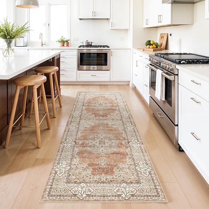 3x8 Runner Rug for Hallway Washable: Non Slip Kitchen Rugs with Rubber Backing Soft Waterproof Mats Stain Resistant Indoor Vintage Carpet Runner for Bedroom Bathroom Laundry Entryway Brick/Terracotta