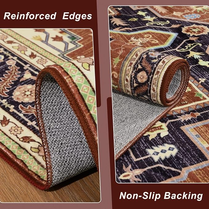 Macgace 3x5 Orange Red Area Rug for Living Room, Machine Washable Rugs with Non-Slip Backing for Bedroom, Vintage Medallion Carpet Kitchen Laundry Kids Room Decor