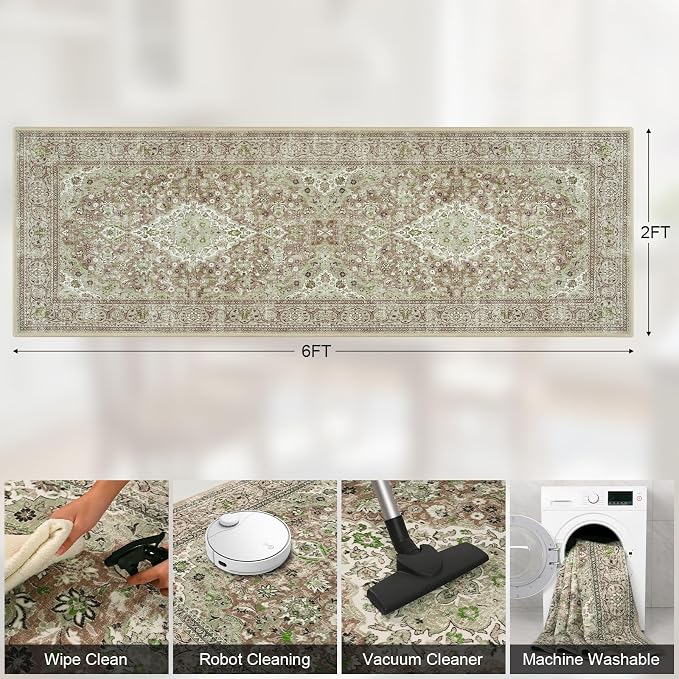 Green Washable Vintage Runner Rug, 2x6 Boho Bedroom Area Rugs, Soft Non Slip Floral Entryway Carpet Runners, Indoor Low Pile Carpets for Kitchen Hallway Bedside