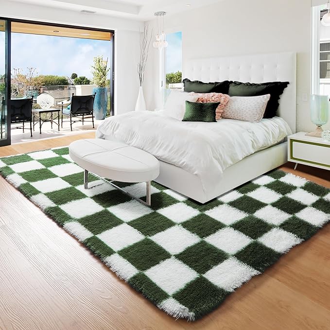 KICMOR Rugs for Living Room 5x8 Olive Green and White, Large Fluffy Soft Plush Checkered Area Rug Big Fuzzy Shag Shaggy Carpet for Bedroom, Indoor Floor Rug for Nursery Kids Childrens Toddler Room