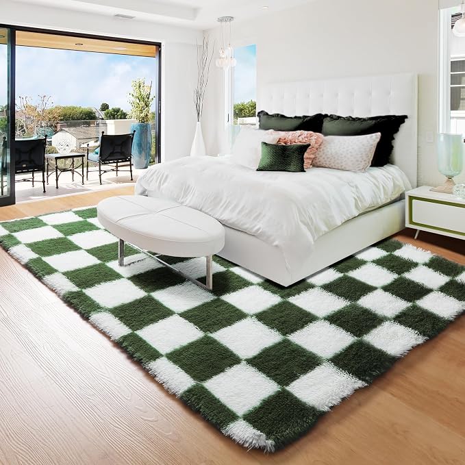 KICMOR Area Rug 5x7 for Living Room, Soft Fluffy Olive Green and White Checkered Shag Rugs Shaggy Fuzzy Carpet for Bedroom, Indoor Furry Plush Floor Rug for Kids Boys Girls Dorm Nursery Home Decor