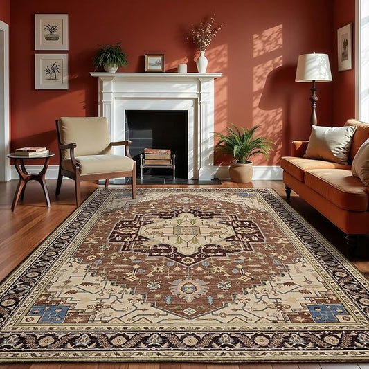 Macgace 5x7 Mousse Brown Area Rug for Living Room, Machine Washable Rugs with Non-Slip Backing for Bedroom, Vintage Medallion Carpet Dining Room Office Kids Room Decor