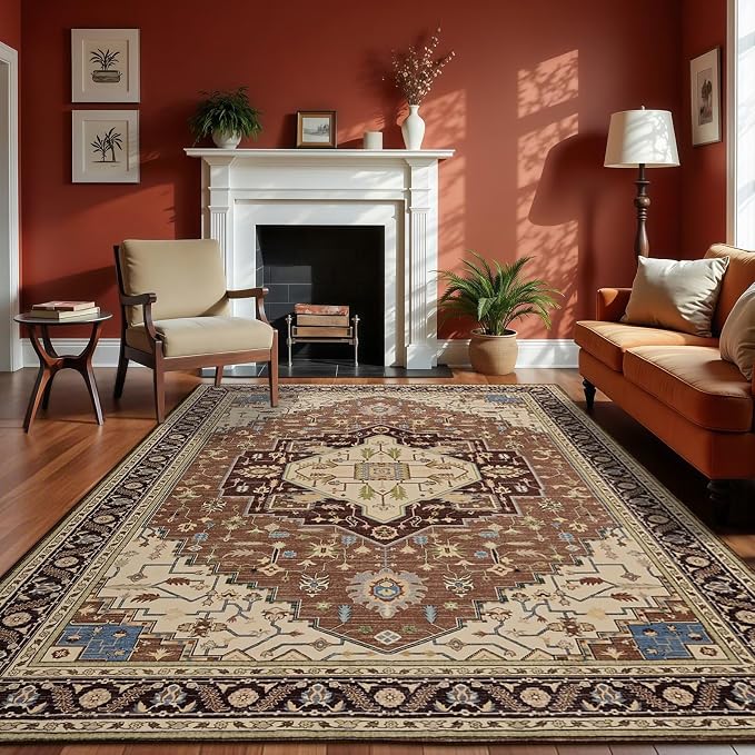 Macgace 6x9 Mousse Brown Area Rug for Living Room, Machine Washable Rugs with Non-Slip Backing for Bedroom, Vintage Medallion Carpet Dining Room Office Kids Room Decor
