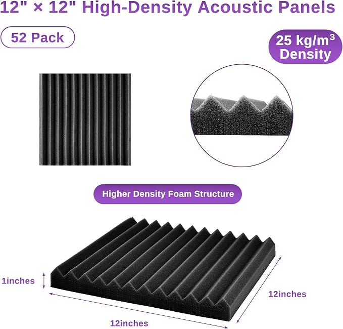 52 Pack Acoustic Foam Panels,1" x 12" x 12" Acoustic Wedge Studio Foam Sound Absorption Wall Panels (BLACK/RED)