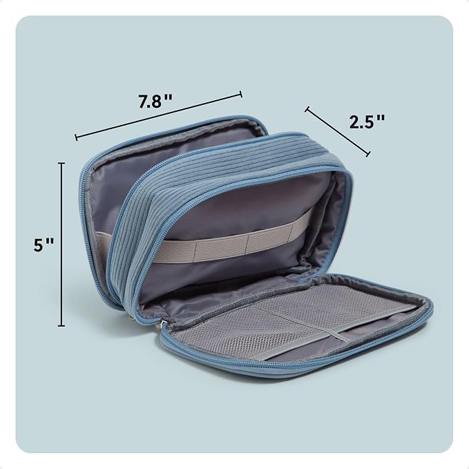 U Brands Dual Zip Corduroy Travel Electronics Organizer, Tech Carry Case, Portable Travel Bag, Cord Storage, 8" x 5.25" x 2.5", Haze Blue