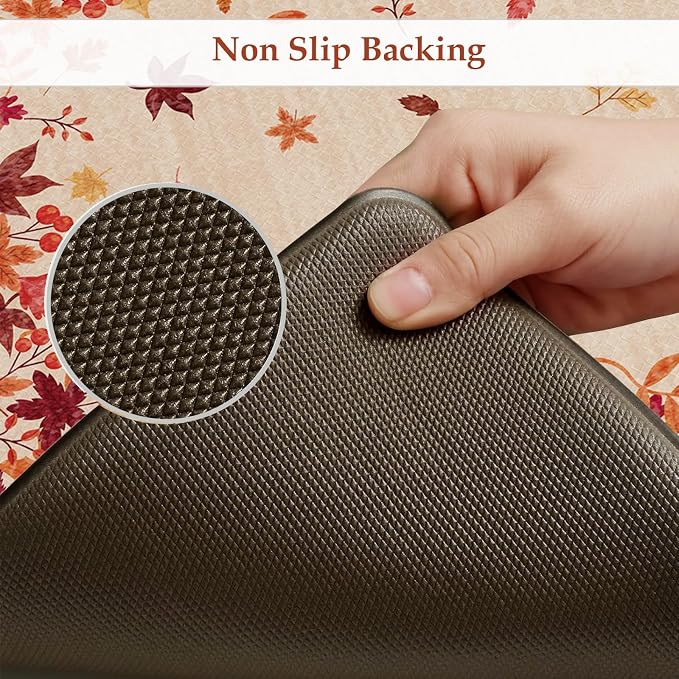 KIMODE Fall Kitchen Mats Cushioned Anti Fatigue 17"x47"+17"x29", Beige Kitchen Mats for Floor, Padded Kitchen Floor Mats Non Slip, Autumn Maple Leaves Standing Mat for Laundry Office Sink Desk
