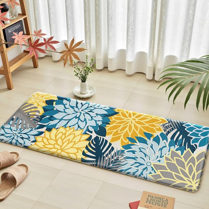 Arenarug Kitchen Mats for Floor 2PCS Cushioned Anti Fatigue Kitchen Mats Waterproof Non Slip Kitchen Rug Set Comfort Foam Standing Mat for Sink, Laundry, Office,17.3" x 28" + 17.3" x 47", Yellow Teal