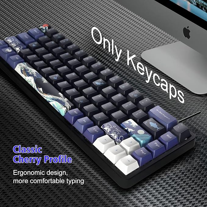 XVX PBT Keycaps - Great Wave of Kanagawa Japanese Design, Dye-Sub Custom Keycaps Set, Cherry Profile for 61/64/66/68 Cherry/Gateron MX Switches, 78 Key Set