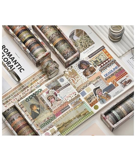 Retro Skinny Washi Tape Set 20 Rolls- Antique Patterns Masking Thin Basic Decorative Tapes for Arts, DIY Crafts, Bullet Journal, Planners, Scrapbook Decor, Gift Wrapping, Junk Journal