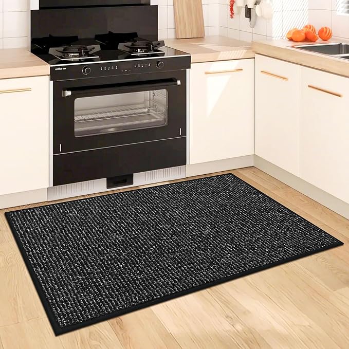 BEQHAUSE Kitchen Rugs and Mats 2PCS, Non-Slip Kitchen Mats for Floor, Absorbent and Stain Resistant Kitchen Runner, Machine Washable Rugs for Kitchen, Laundry & Sink, 20"x32"+20"x48", Black