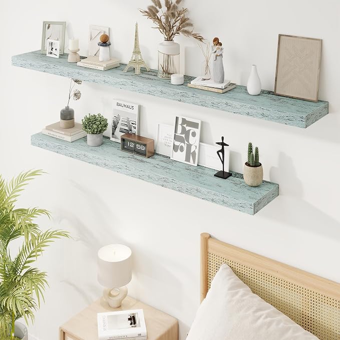 72in Floating Shelves for Wall, 72"W x 9.25"D x 1.5"H, Long Wall Mounted Engineered Wood Shelves with Invisible Brackets for Living Room, Bedroom, Bathroom, Kitchen Decor and Storage, Blue