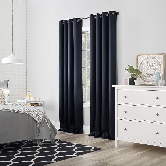 Sun Zero Nordic 2-pack Theater Grade Extreme 100% Blackout Grommet Curtain Panel Pair, 52" x 84", Navy Blue