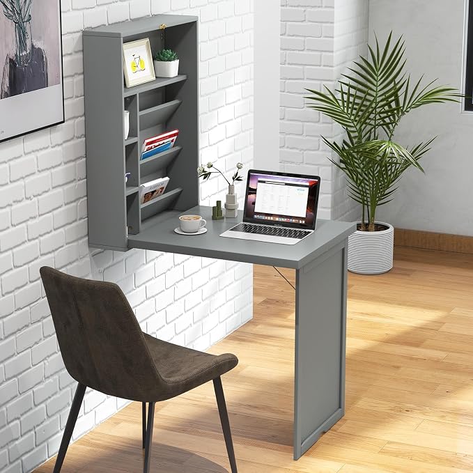 Wall Mounted Desk, Fold Out Convertible Desk with Storage Shelves, Space Saving Wall Folding Table, Home Office Floating Desks for Small Spaces (Grey)
