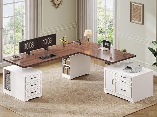 SEDETA Farmhouse L Shaped Electric Standing Desk with File Cabinet, 77 x 55'' Height Adjustable Home Office Computer Desk with 6 Drawers, Power Outlet, Sit Stand Desk, White