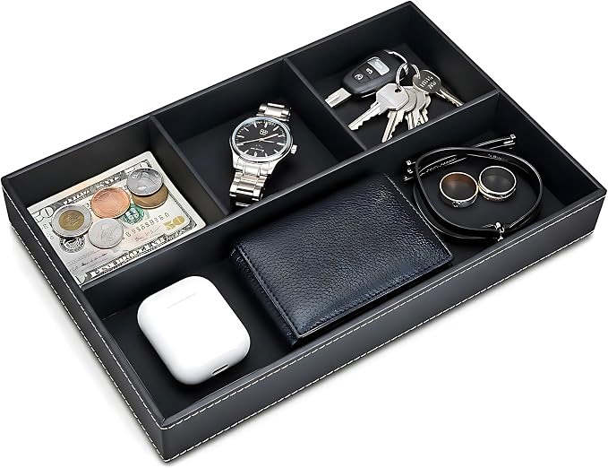 Leather Valet Organizer Nightstand & Dresser Storage Tray (Black) | Stackable, Entryway Desk Catchall Tray for Keys Wallet Watch Phone, Bedside Desktop PU Leather Drawer Caddy Tray for Men