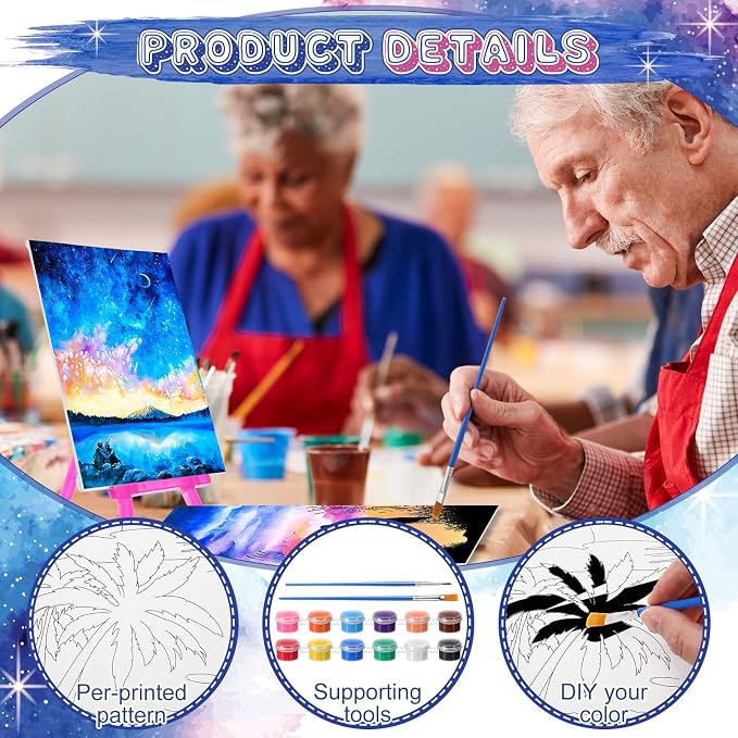 Blosssound 10 Set Pre Printed Canvas Pre Drawn Canvas Painting with Easel Kits 5" x 7" Outline Painting Panels for Beginners, DIY Craft Project, Home Decors(Dream Sky)