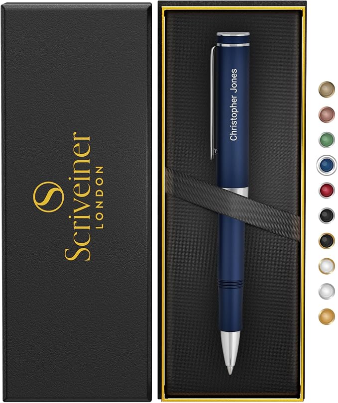 Scriveiner Personalized Blue Rollerball EDC Pen, Stunning Pocket EDC with Chrome Finish, Fancy Engraved Roller Ball Pen Writing Gift Set for Men & Women, Custom Name Engraving