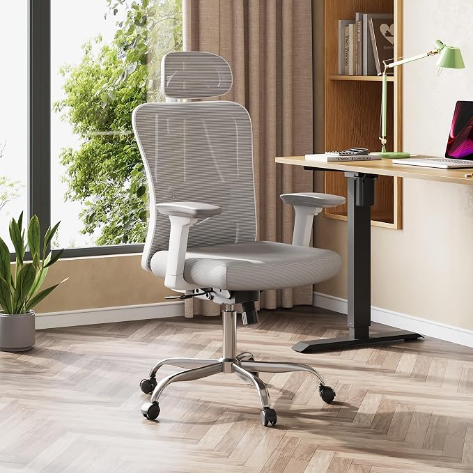 DEVAISE Ergonomic Mesh Office Chair with Adjustable 3D Headrest and Tilt Function, Big and Tall Reclining Comfy Home Computer Desk Chair with Lumbar Support and 3D Armrests, White