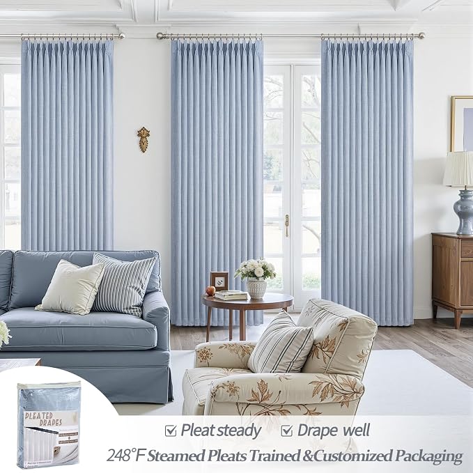 Custom Pale Blue 102 Inch Blackout Curtains for Office 2 Panels Set, Memory Shape Pinch Pleated Thermal Sound Dampening Two Layer Linen Light-Blue Energy Efficient Large Windows Drapes 8-1/2 FT Length