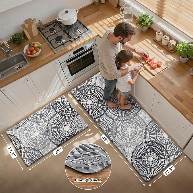 HEBE Anti Fatigue Kitchen Rugs Set of 2, Cushioned Kitchen Mats for Floor | Non Slip Washable Kitchen Runner Rug Set, Floral Stain Resistant Waterproof Comfort Mat Carpet for Sink, Standing Desk