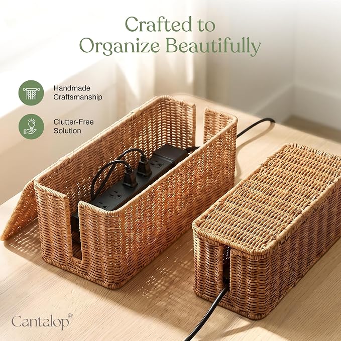 Cable Management Box Set of 2 Sizes, Handmade Rattan Cable Organizer with 2 Open Slots, Cord Hider for Power Strip, Router & USB Hub, Registered U.S. Design Patent (D1,112,102), Natural