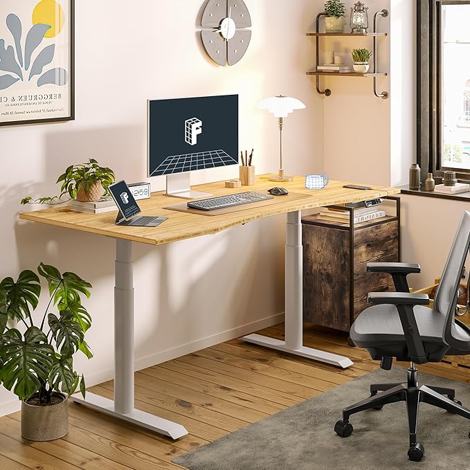 FLEXISPOT E6 Pro Oval Leg Dual Motor 3 Stages Bamboo Electric Standing Desk 55x28 Inch Whole-Piece Board Height Adjustable Electric Sit Stand Up Desk (White Frame + Bamboo Curved Desktop)