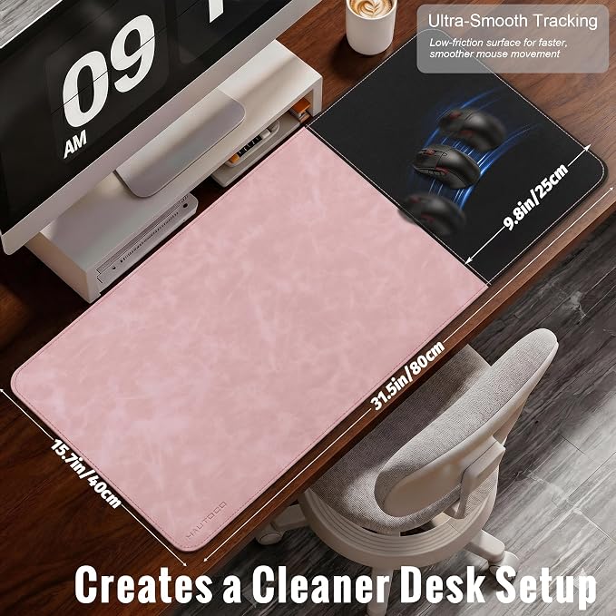 HAUTOCO Cork Desk Mat 31.5"x15.7", Distressed PU Leather & Cloth Desk Pad | Waterproof, Non-Slip, Stitched Edges, Pink Large Gaming Mouse Pad, Laptop Blotter & Desk Protector for Office and Home