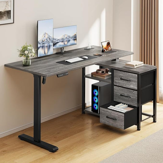 47 Inch L Shaped Desk with 3 Drawers Electric Standing Desks with Storage Computer Table Adjustable Height with Power Outlets 4 Memory Presets for Home Office, Grey