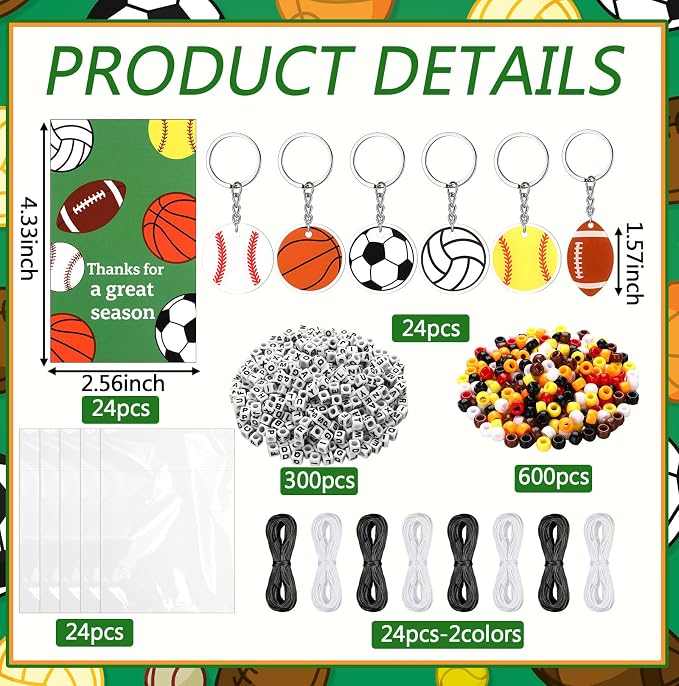 Suncalla 984 Pcs 24 Set Sport Keychain Making Kit DIY Basketball Football Soccer Volleyball Baseball Bead Keychain Crafts Adjustable Letter Beads Card Strings Kit Sport Party Favor Gift Accessories