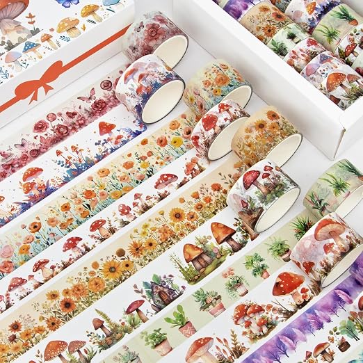 KOVANO Washi Tape Set 13 Rolls - Mushroom Butterfly Floral Decorative Tape for Scrapbooking Supplies, Junk Journal, DIY Crafts, Arts